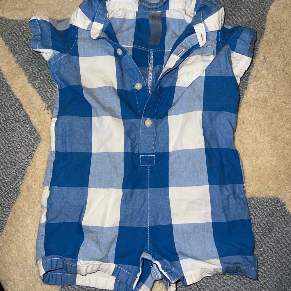 Primary Blue and White Plaid Kids Romper